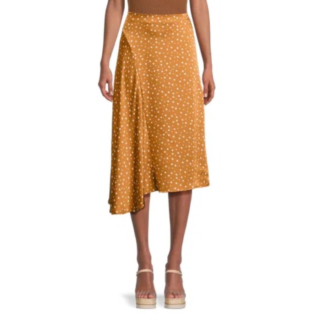Vince Dot Print Asymmetric MIDI Skirt Honey Gold Polka‎ Dot Satin Medium $345